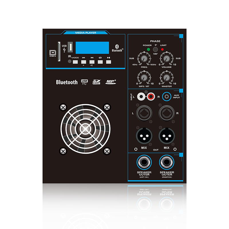 SUB12-2.1: Mix Out a Power Output pro satelitní 2.1 nebo 2.2 kanálový Power Out Line Array funkční modul reproduktoru