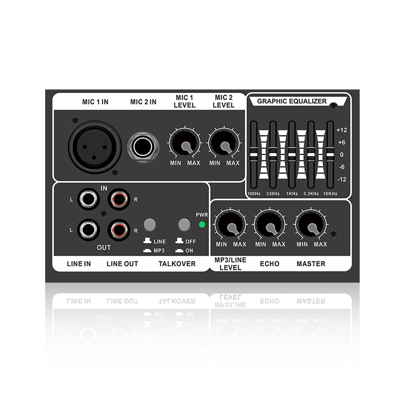 PL13-5EQ+AC: Horizontální analogový funkční modul se dvěma mikrofonními kanály a prioritou mikrofonu pro zesilovač třídy AB