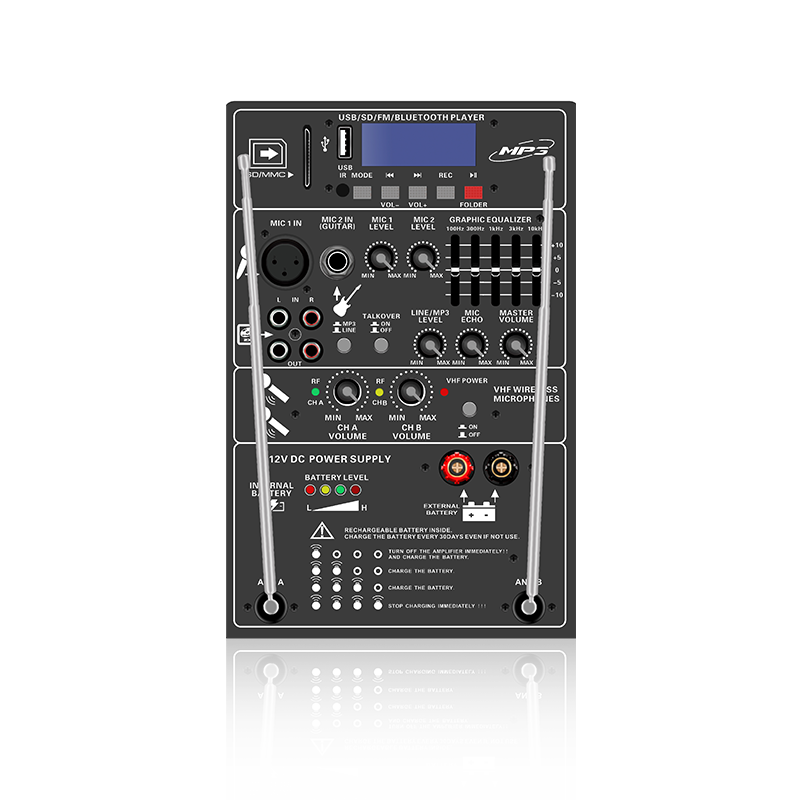 PL13-5EQ: Dva mikrofonní kanály a ovládání hlasitosti s 5-pásmovým grafickým ekvalizérem, dobíjecí funkční reproduktorový modul