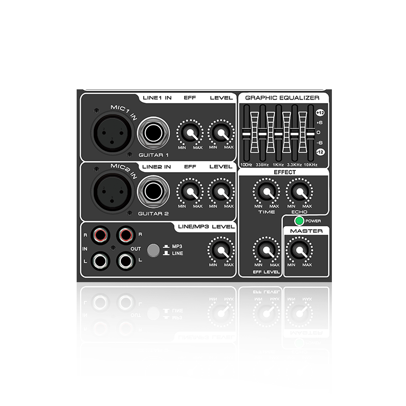 PL3: 5pásmový grafický ekvalizér a horizontální analogový funkční modul s efektem mikrofonu pro zesilovač třídy AB