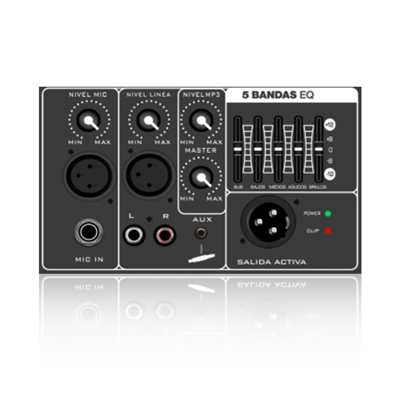 PL79: Vyvážený výstup s 5pásmovým grafickým ekvalizérem Horizontální analogový funkční modul pro zesilovač třídy AB