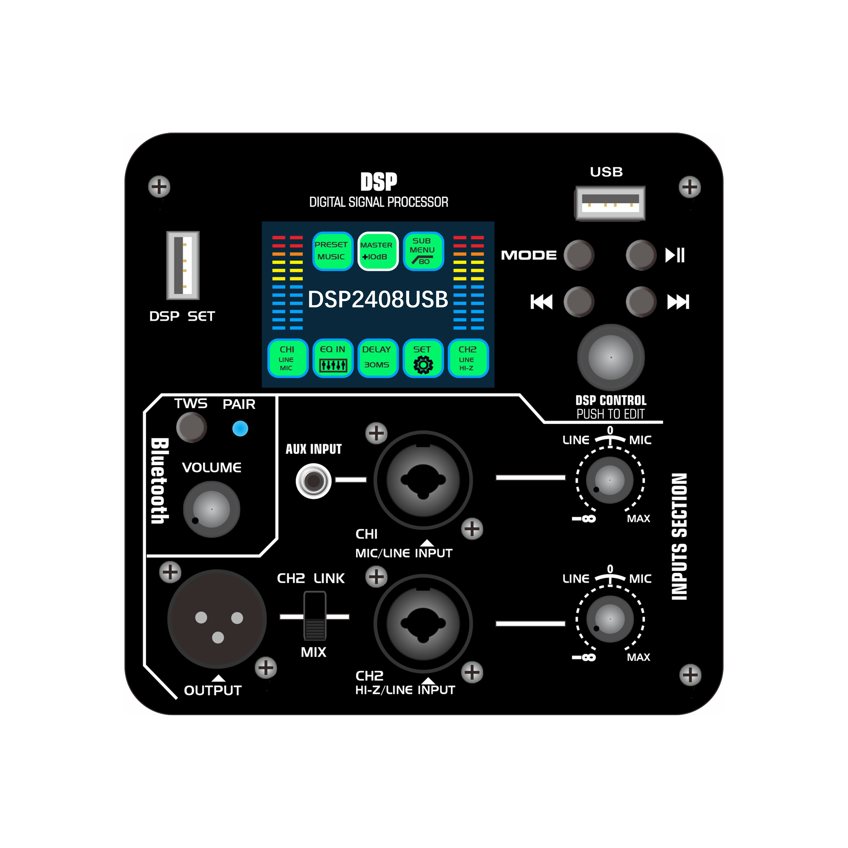 DSP2408USB Barevná obrazovka DSP aktivní výkonový zesilovač s funkcí přehrávání zvuku z USB flash disku
